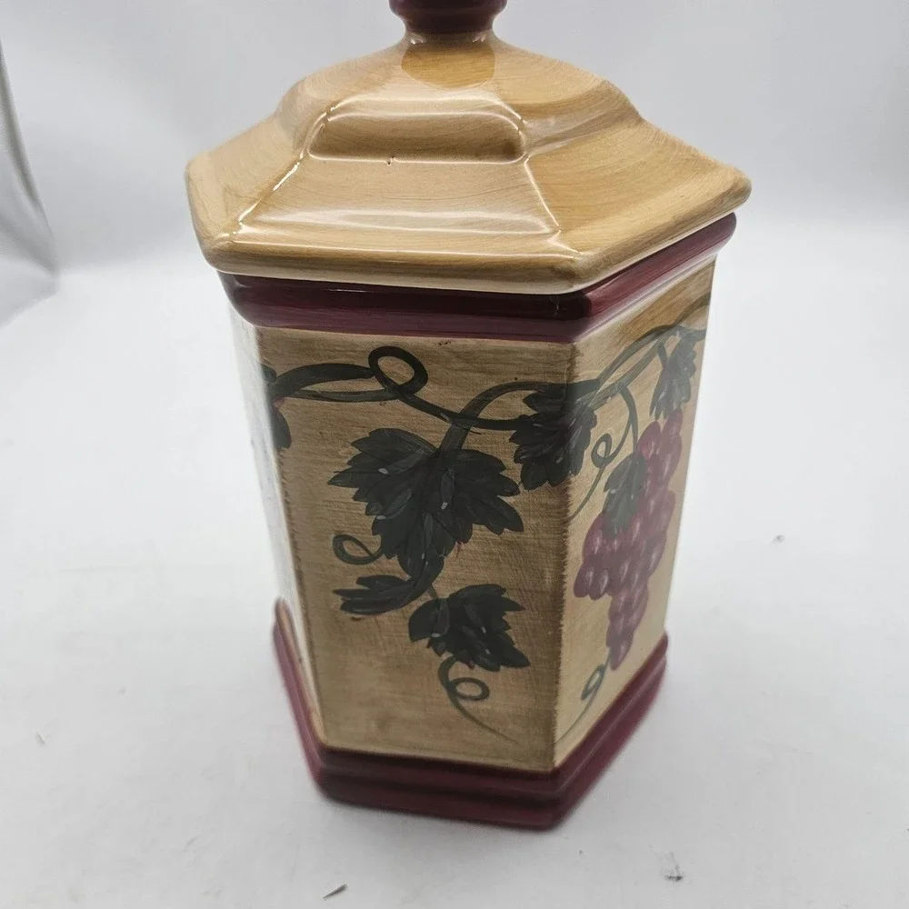 Nonni's Ceramic Cookie Jar w/Lid 10 Inch Hexagon Burgundy Grape Design